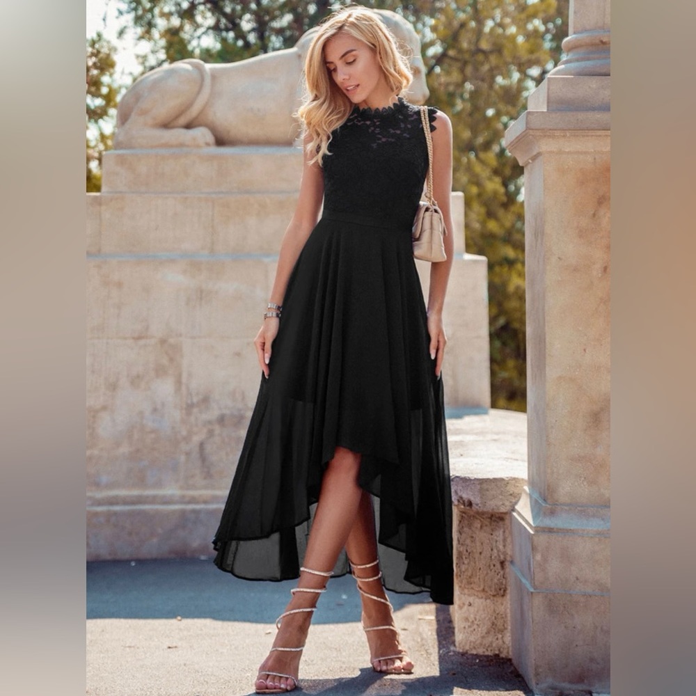SHEIN black lace panel high low chiffon dress